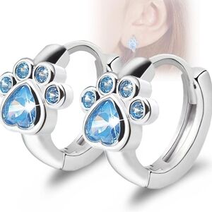 CZ Cat Dog Paw Print Hoop Huggies Earrings, Sterling Silver